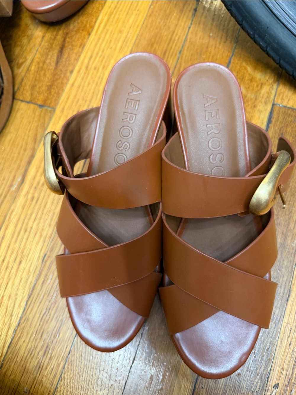 AEROSOLES Cognac Brown Crisscross Slide Sandals with Gold Buckle